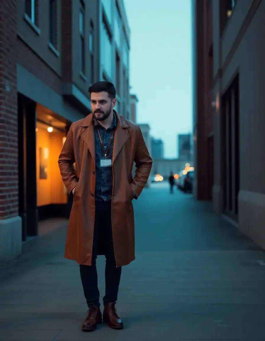 Brown duster long leather coat men standing against a rustic wall