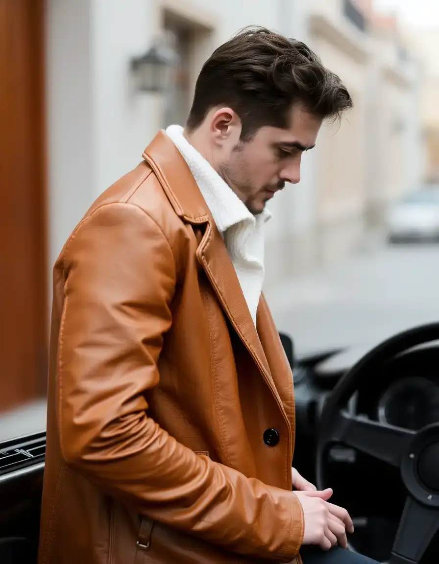 Brown car coat leather men lifestyle shot