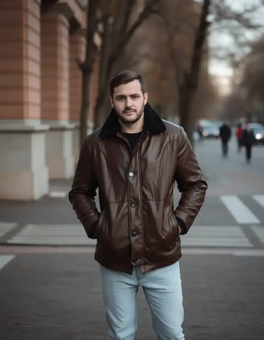 Brown parka leather coat men with hood