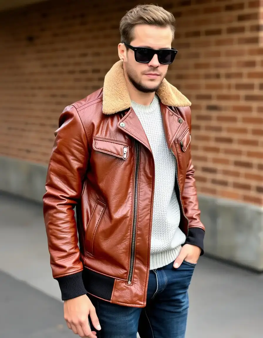 Brown bomber style leather coat men close up of grain