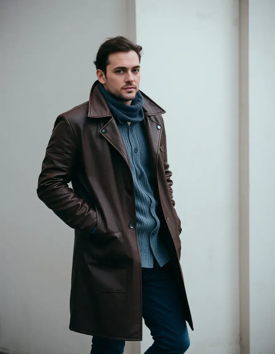 Brown vintage leather coat men on a model