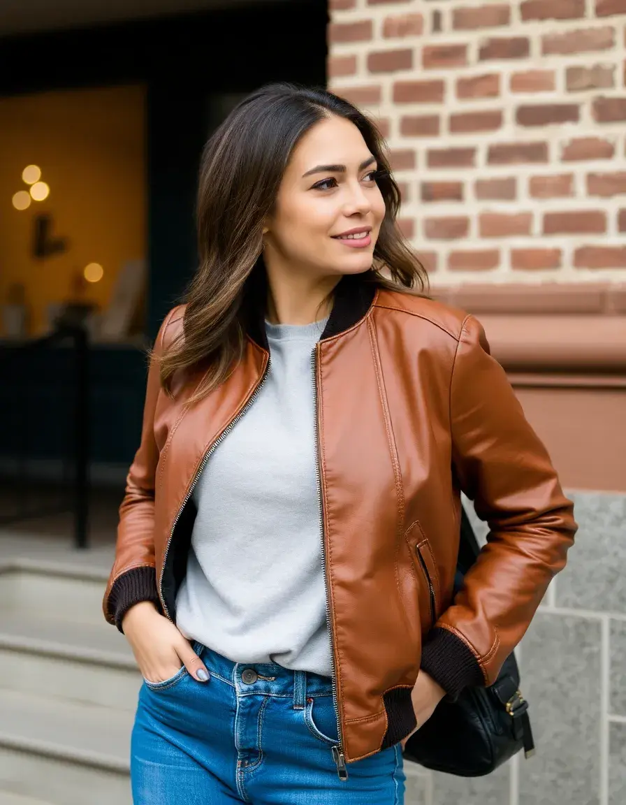 Brown faux leather bomber jacket