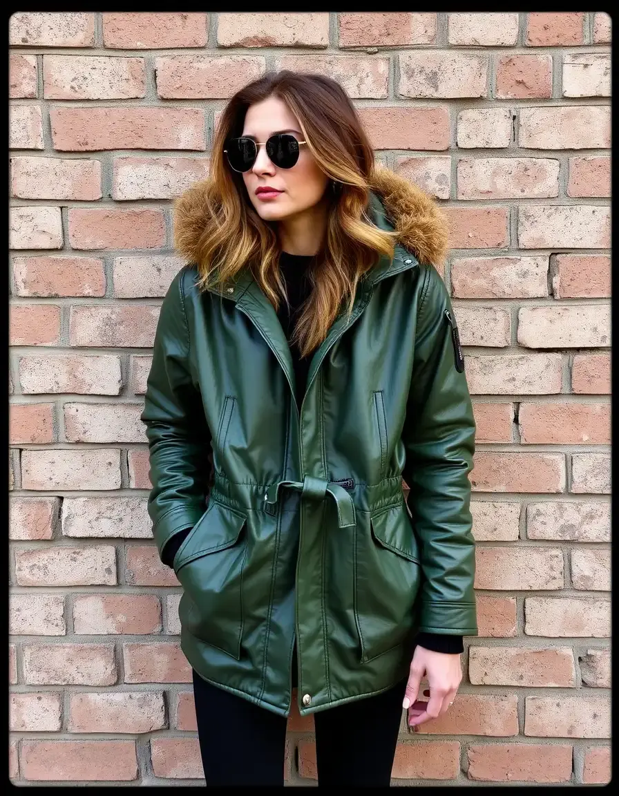 Green faux leather parka