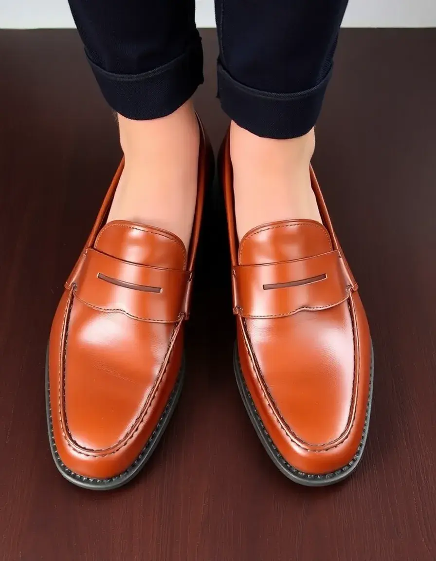 Cognac penny leather loafers on a rustic floor