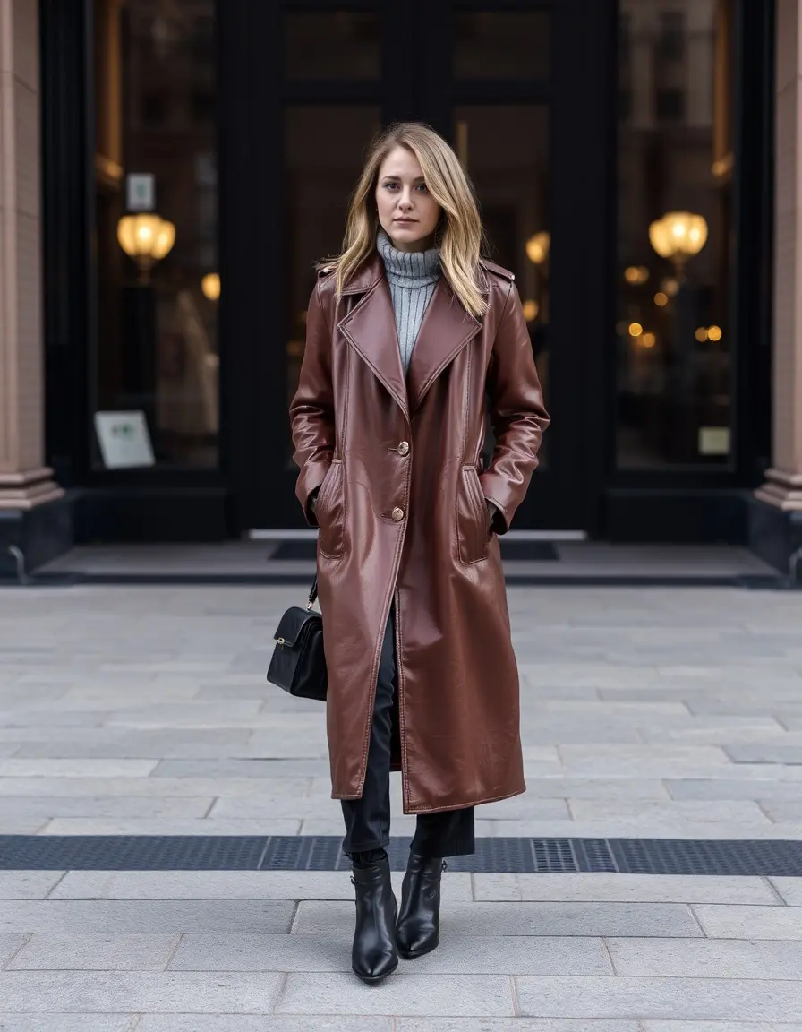 Long brown leather coat displaying sleek silhouette