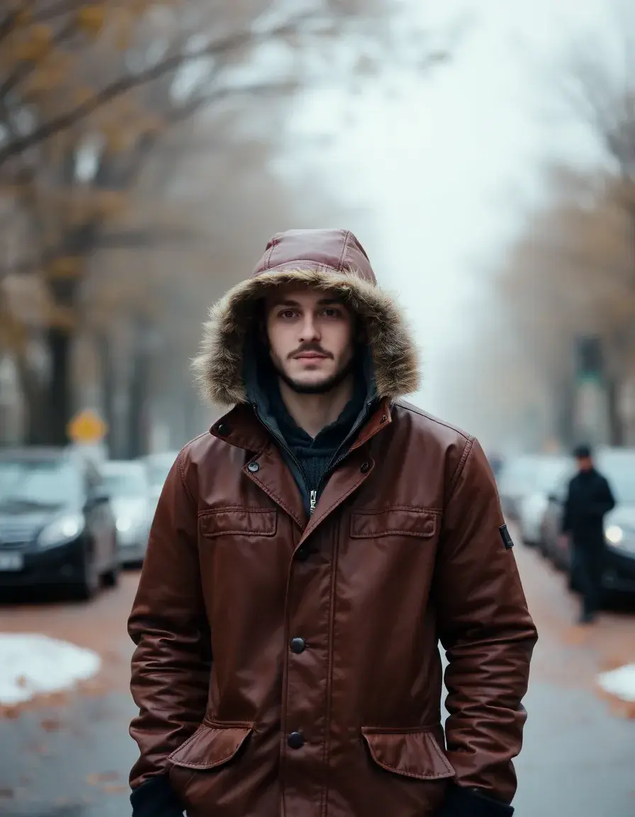 Brown leather parka with hood for winter wear