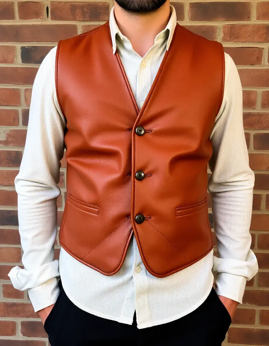 Brown leather vest layered over a shirt