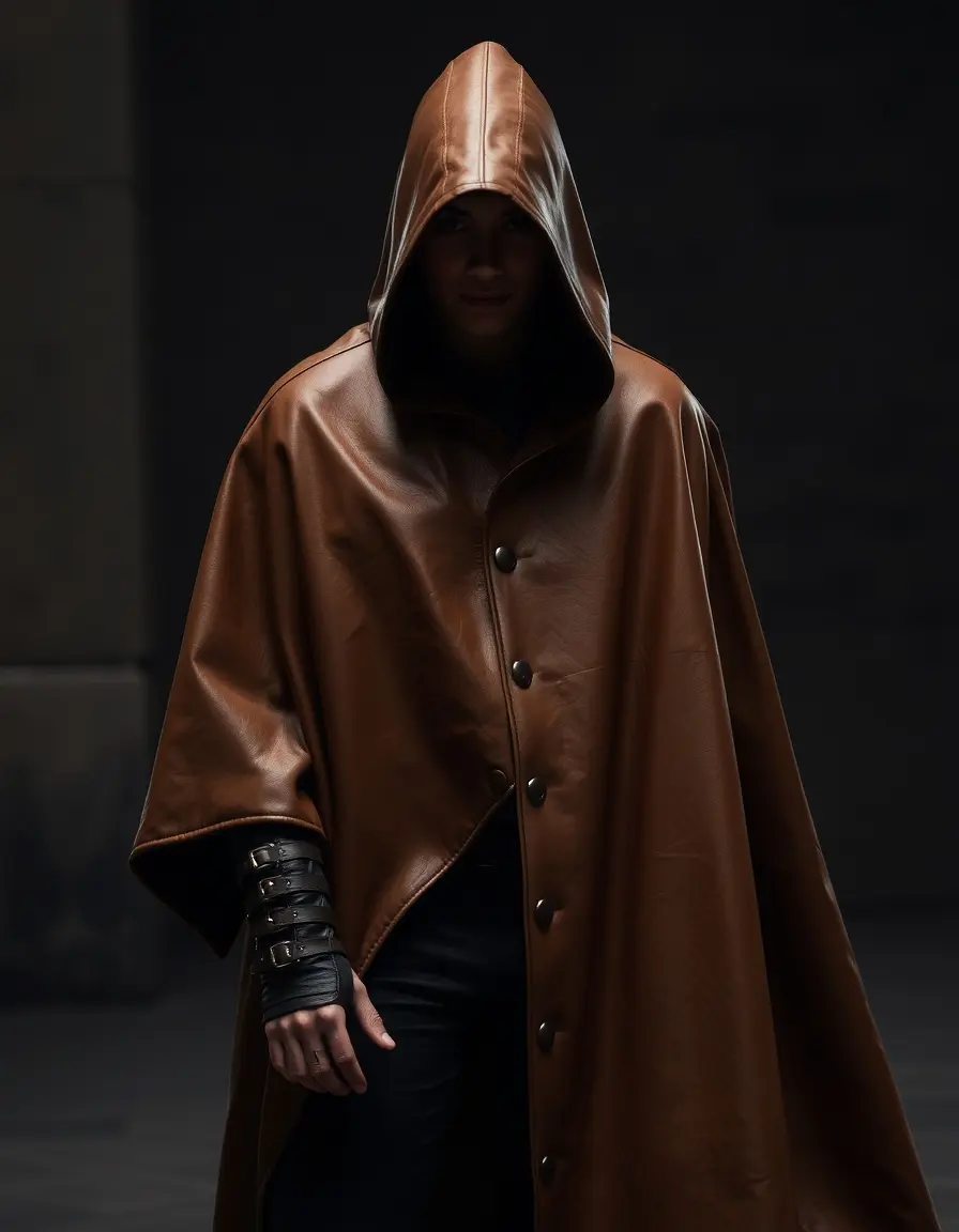 Dramatic brown leather cape