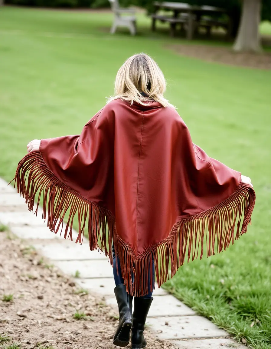 Brown leather poncho with fringe details