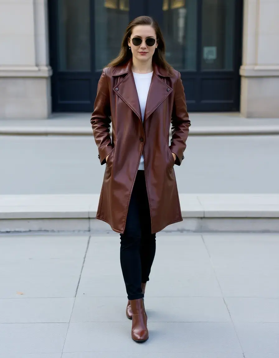 Full-length brown leather duster coat