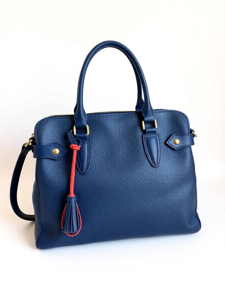 Navy satchel leather purse with structured handles
