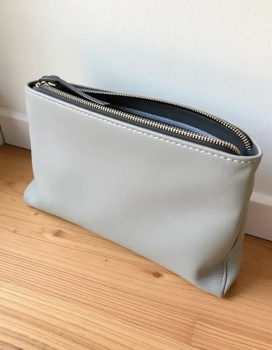 Gray leather clutch purse on a neutral background