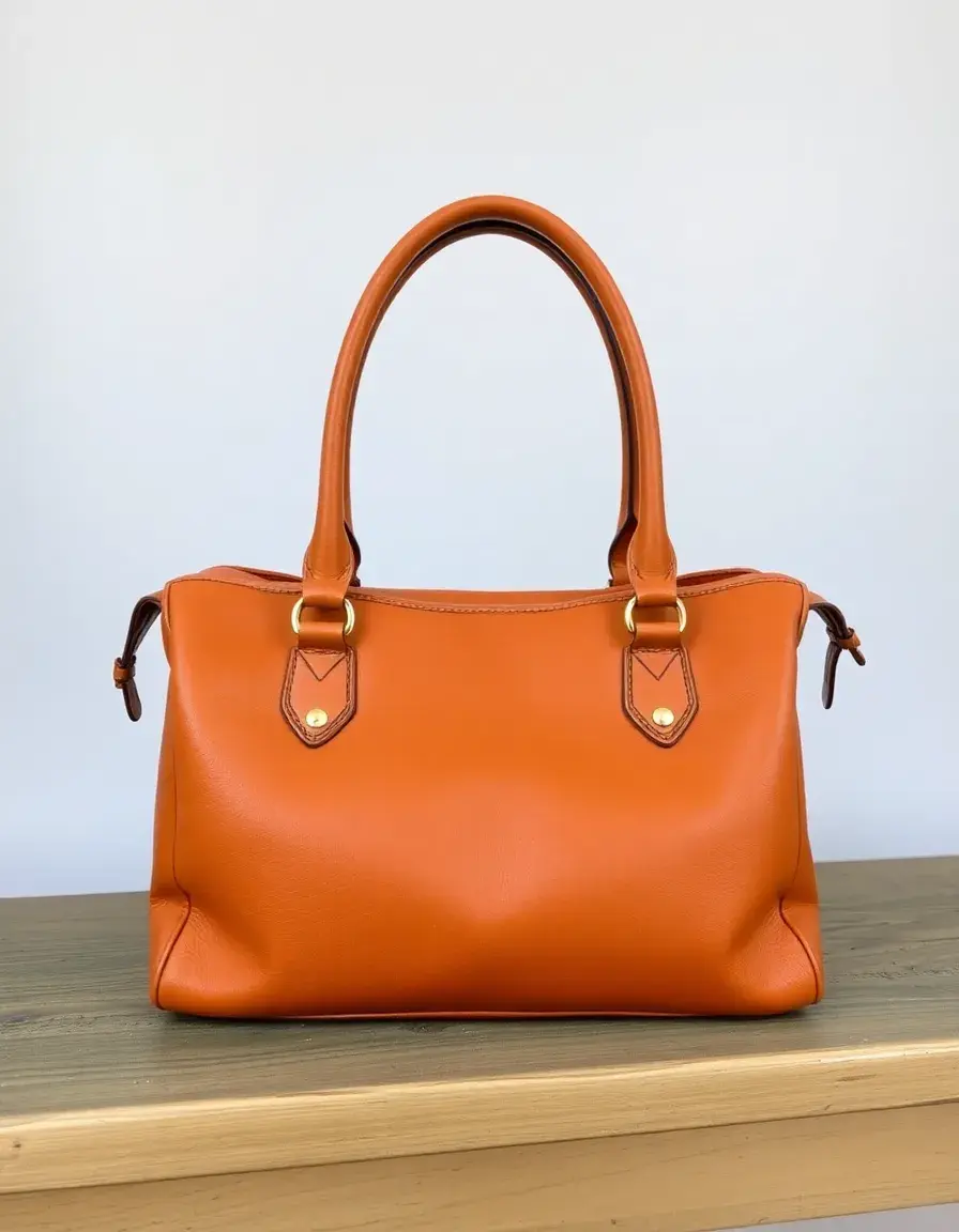 Cognac leather satchel handbag with brass hardware
