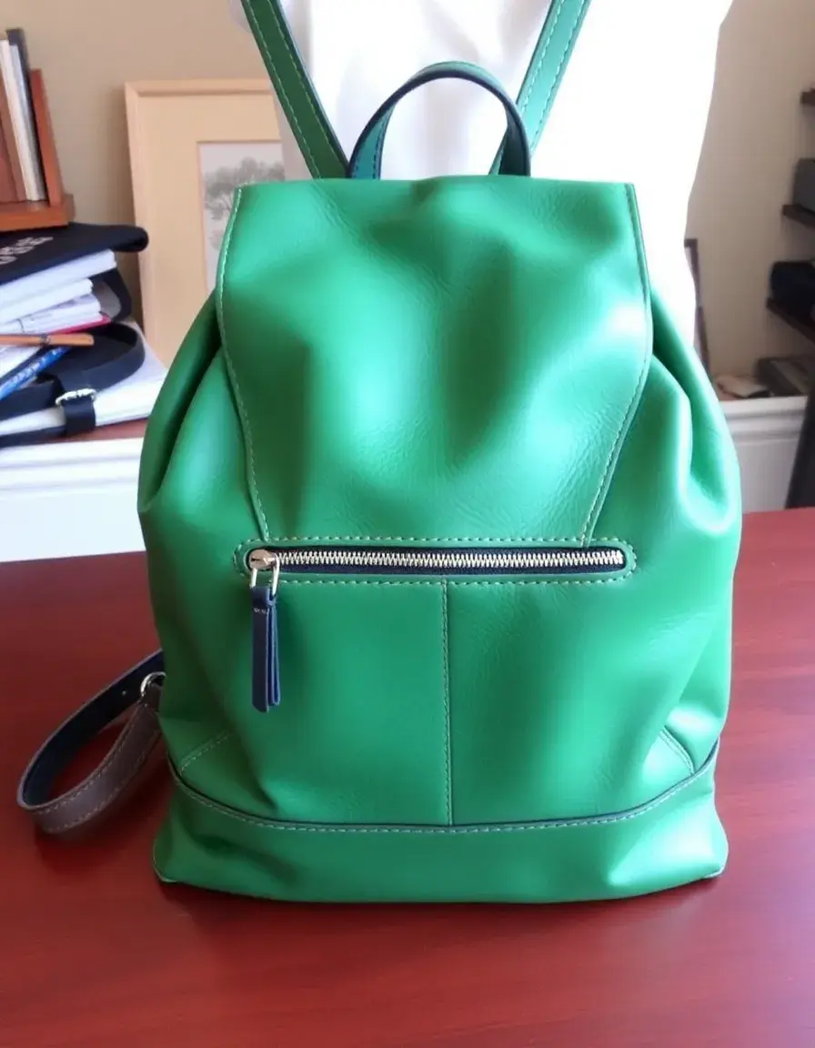 Green leather backpack purse in a modern style