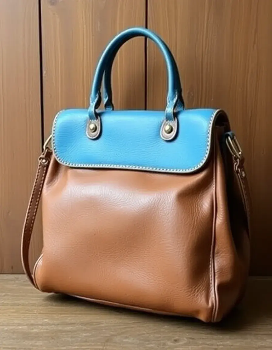 Blue leather vintage-style handbag with antique-finish clasp