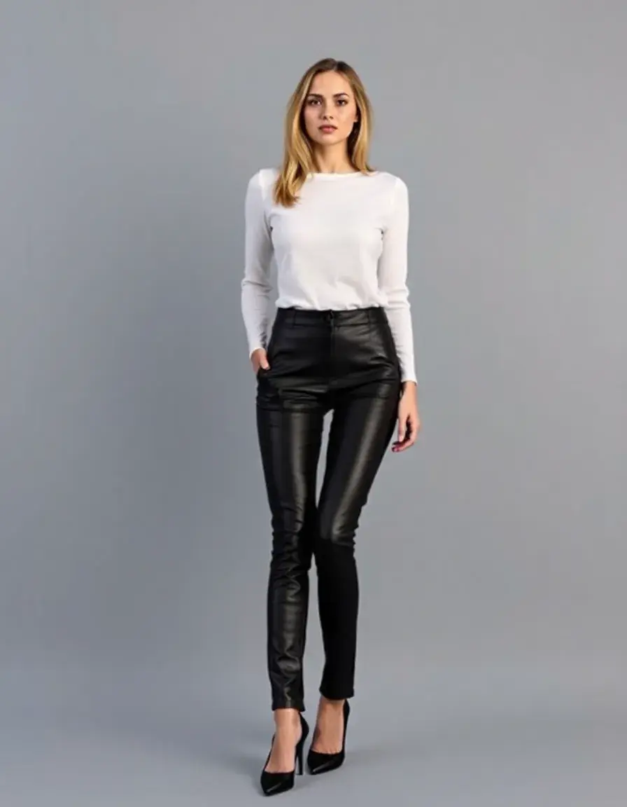 Model wearing slim fit black leather trousers with a modern aesthetic