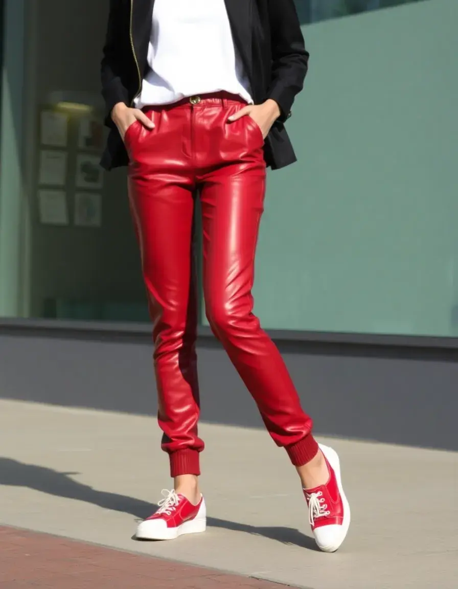 Red jogger leather trousers