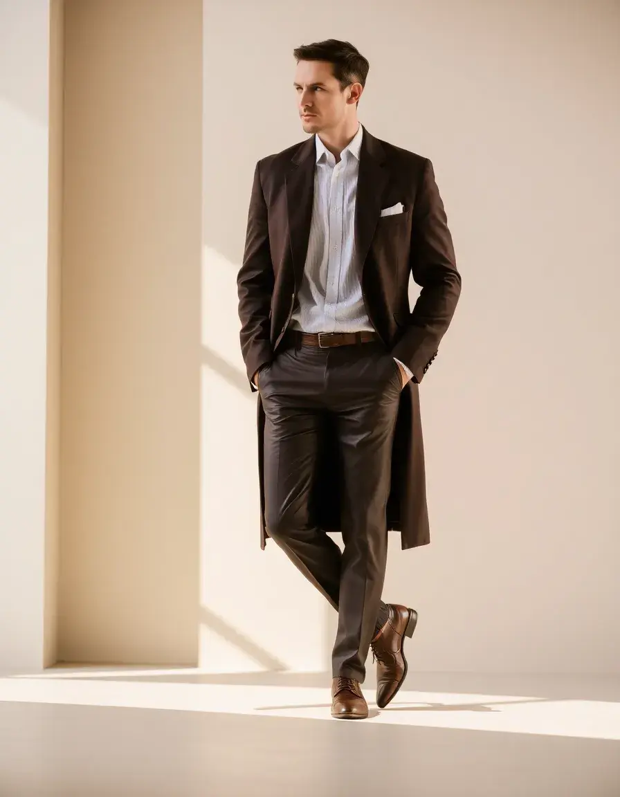 Brown tailored leather slacks for men showing a sleek finish