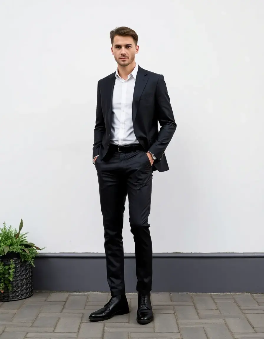 Black slim fit leather slacks for men