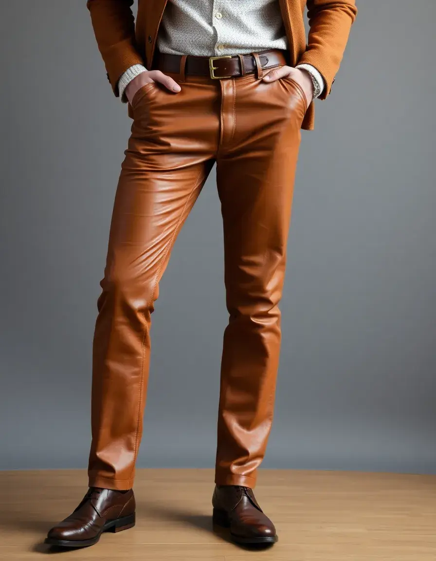Cognac vintage leather slacks showing natural texture