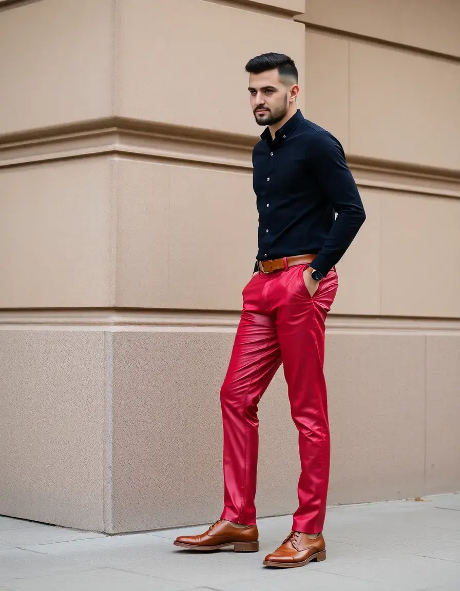 Red pleated leather slacks for men