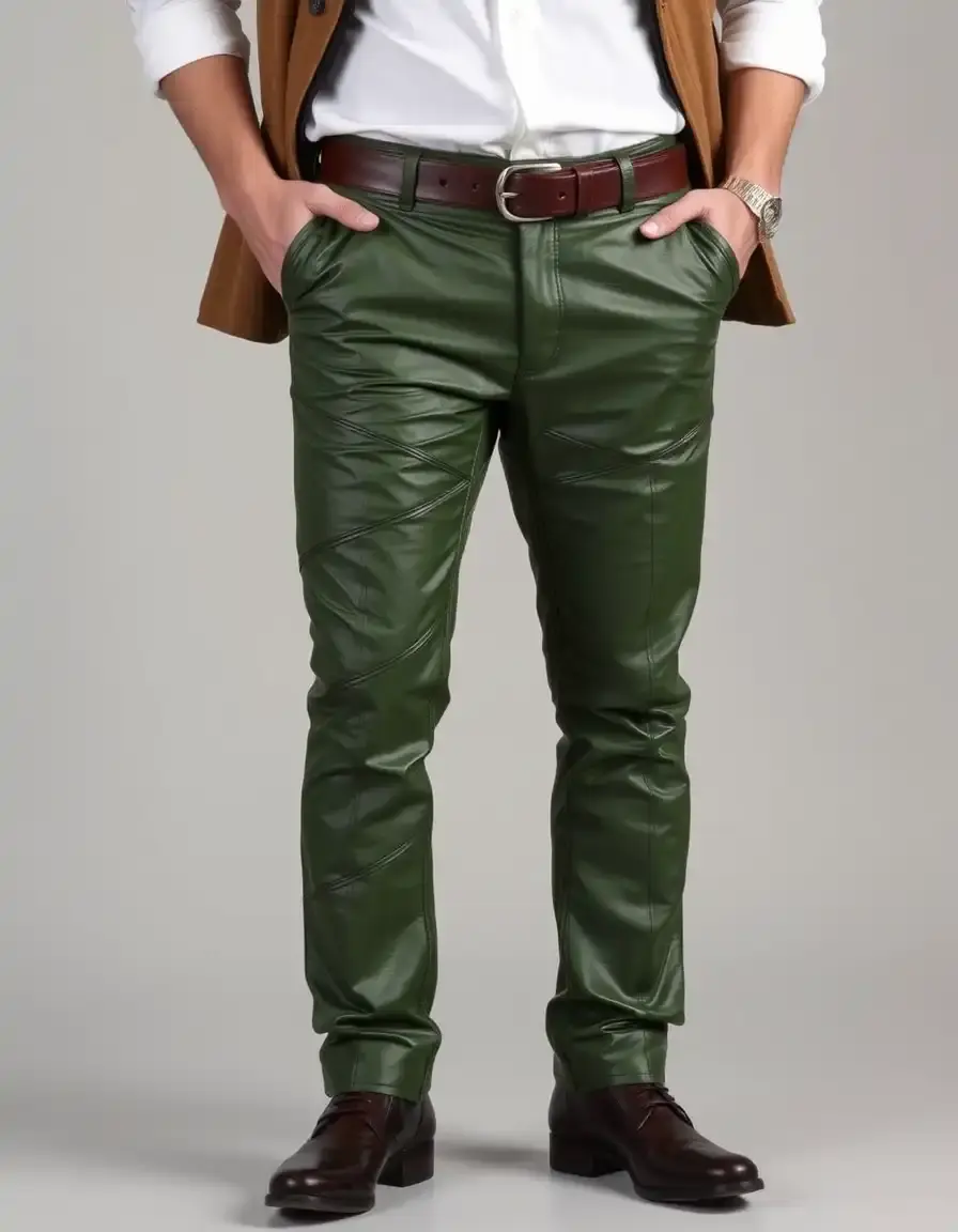 Green designer leather slacks