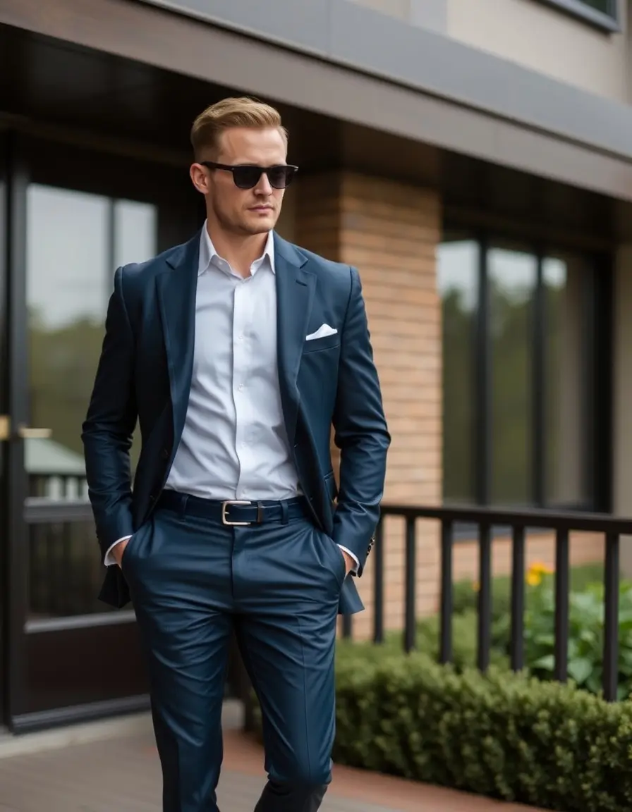 Blue formal leather slacks for men