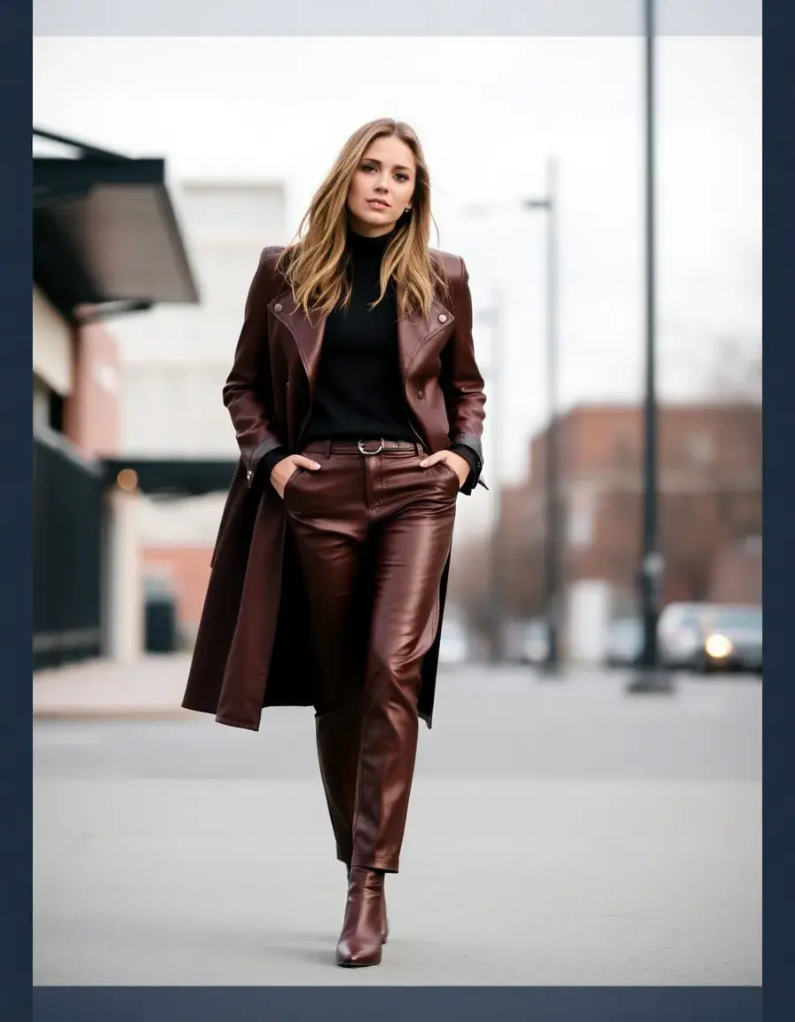 Brown straight leg leather pants styled with a neutral top