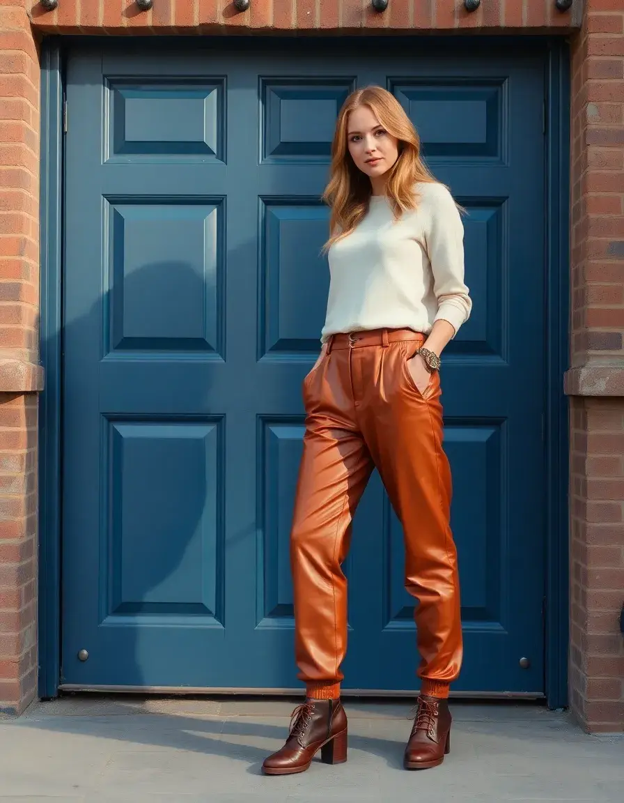 Cognac colored leather joggers