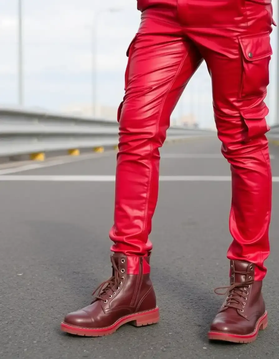 Bold red cargo leather pants with utility pockets