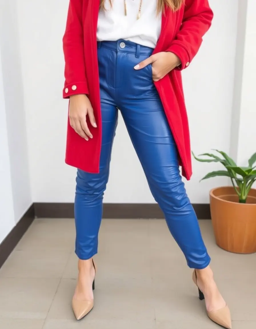 Vibrant blue designer leather pants
