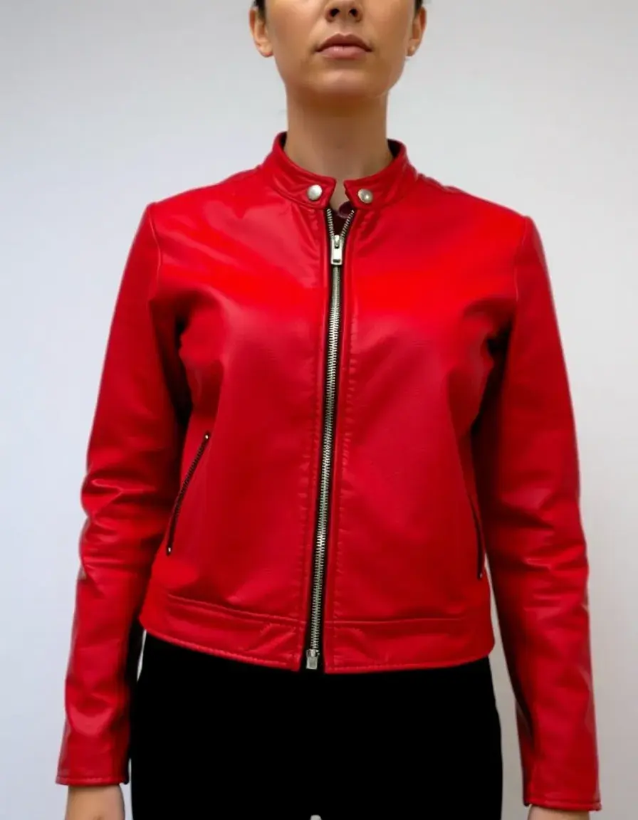 Bright red leather jacket, front zip