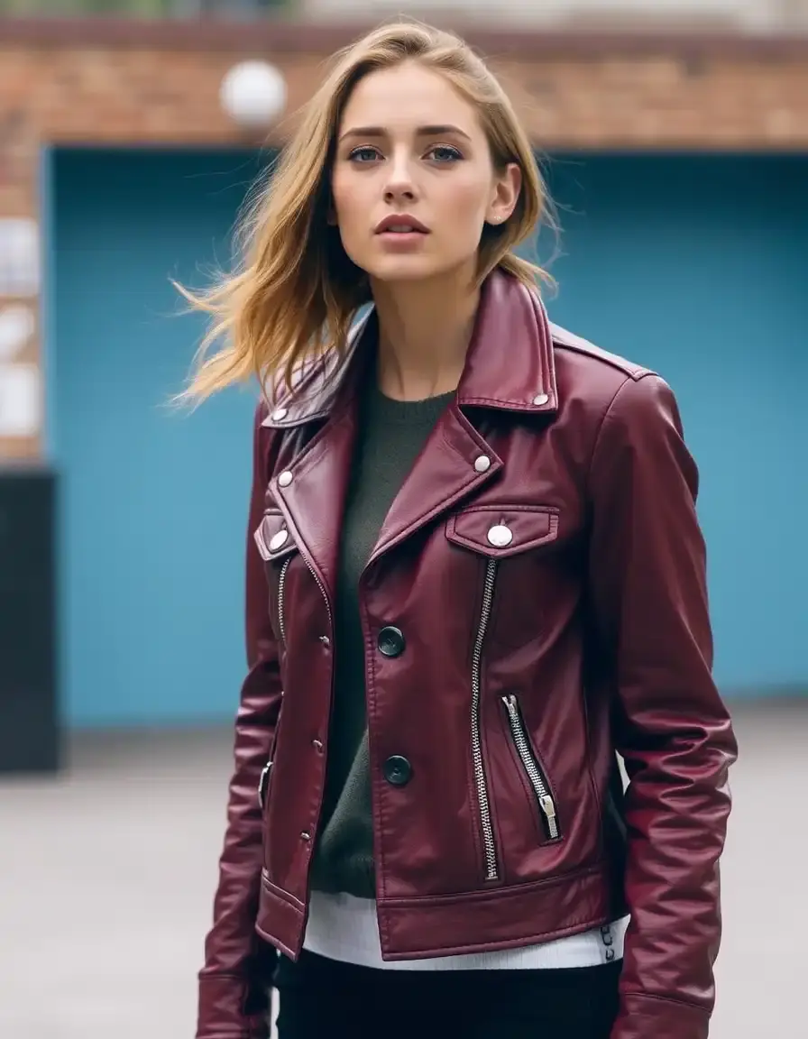 Dark red leather jacket, buttoned