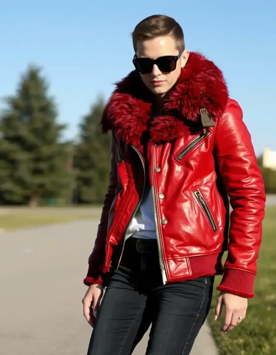 Red aviator leather jacket with fur
