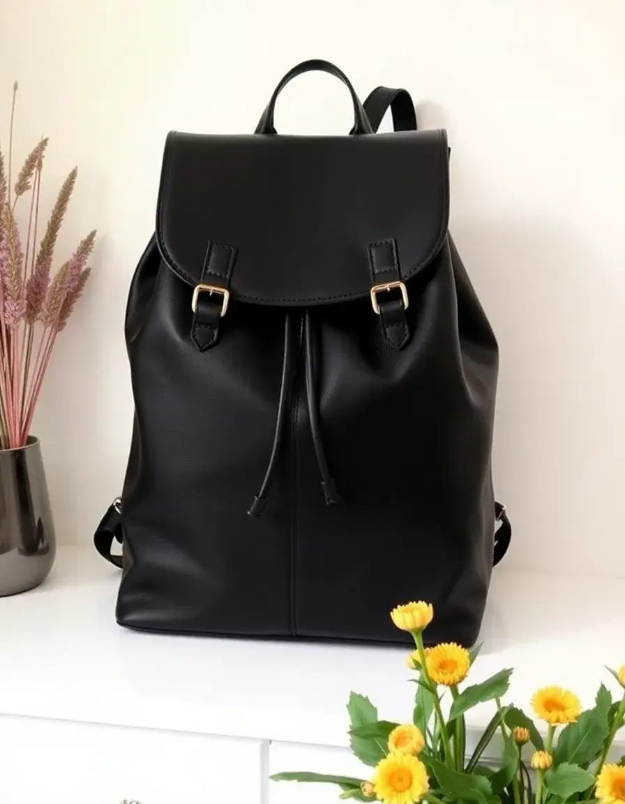 Black large leather rucksack women