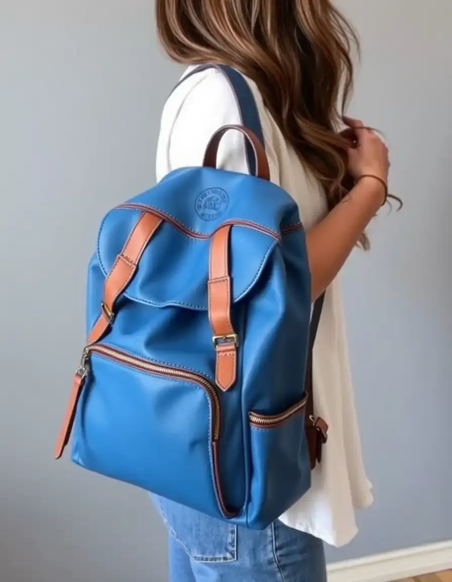 Blue casual leather rucksack women