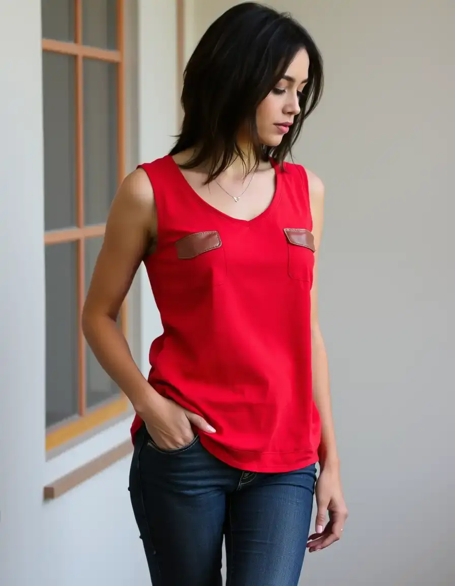 Red top with leather pockets