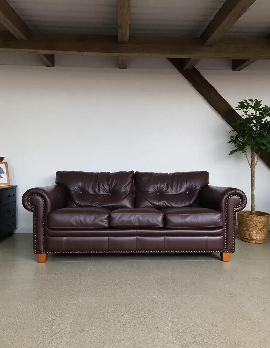Brown two seater leather loveseat in a cozy living room