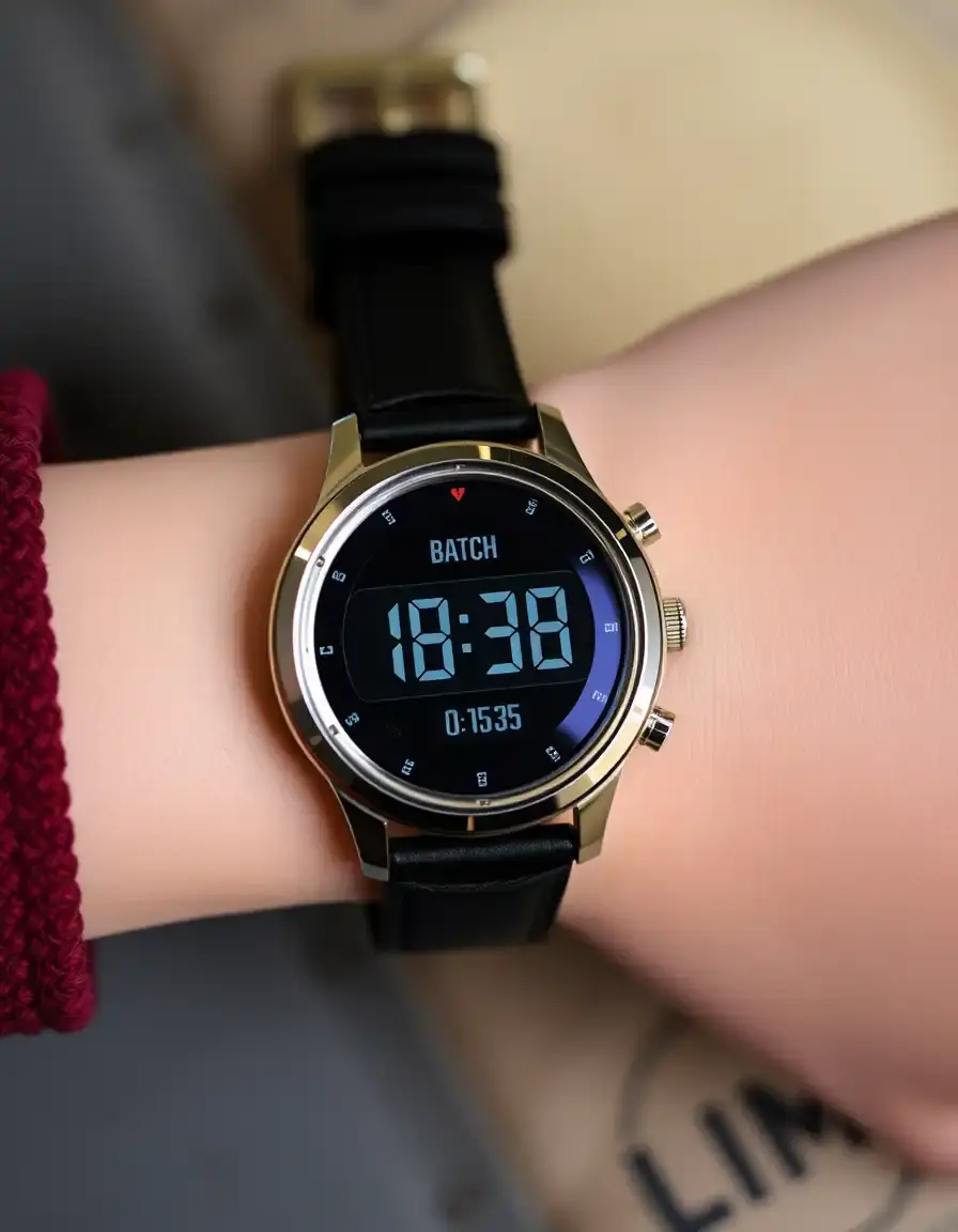 Black leather strap digital watch for women