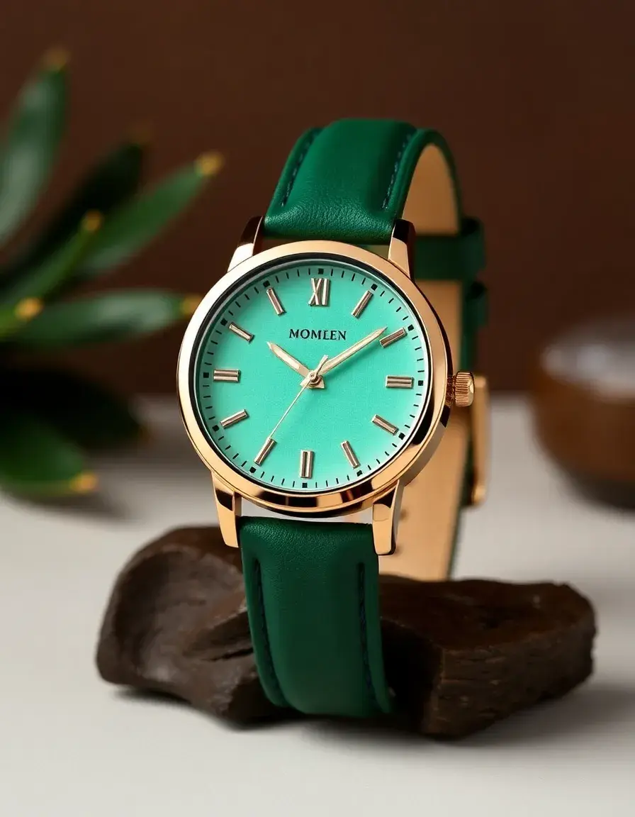 Green waterproof leather strap watch