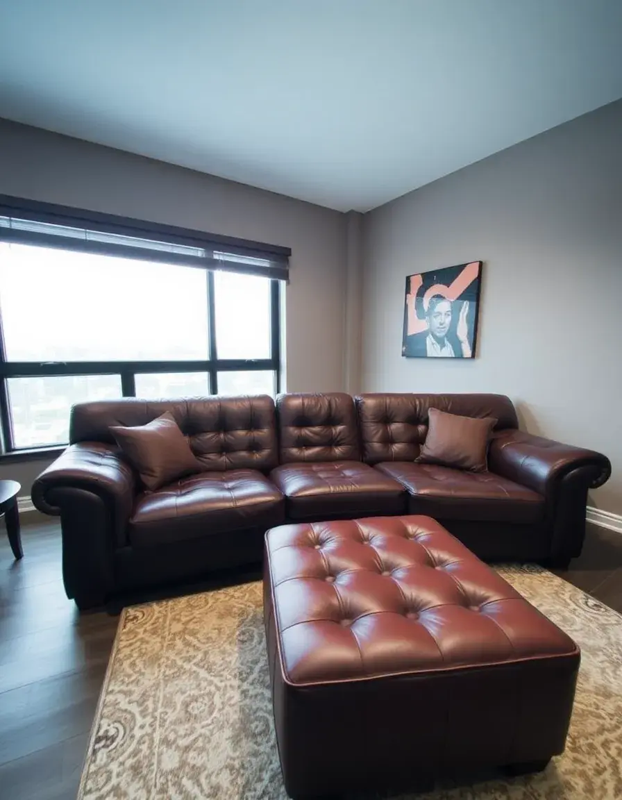 Leather couch and matching ottoman in a modern living room