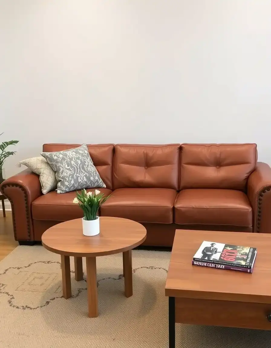 Leather couch with coffee table showing wood and leather pairing