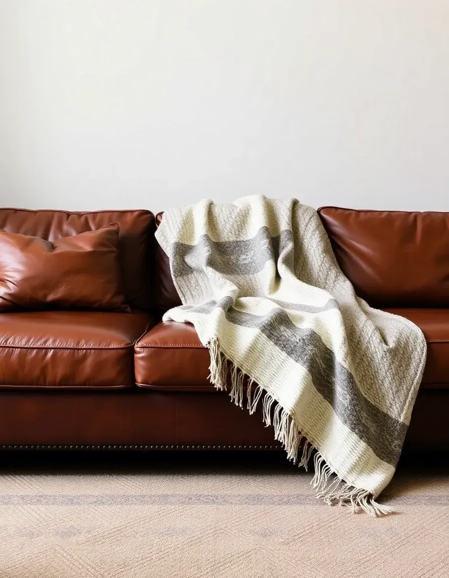 Leather couch with a soft blanket throw