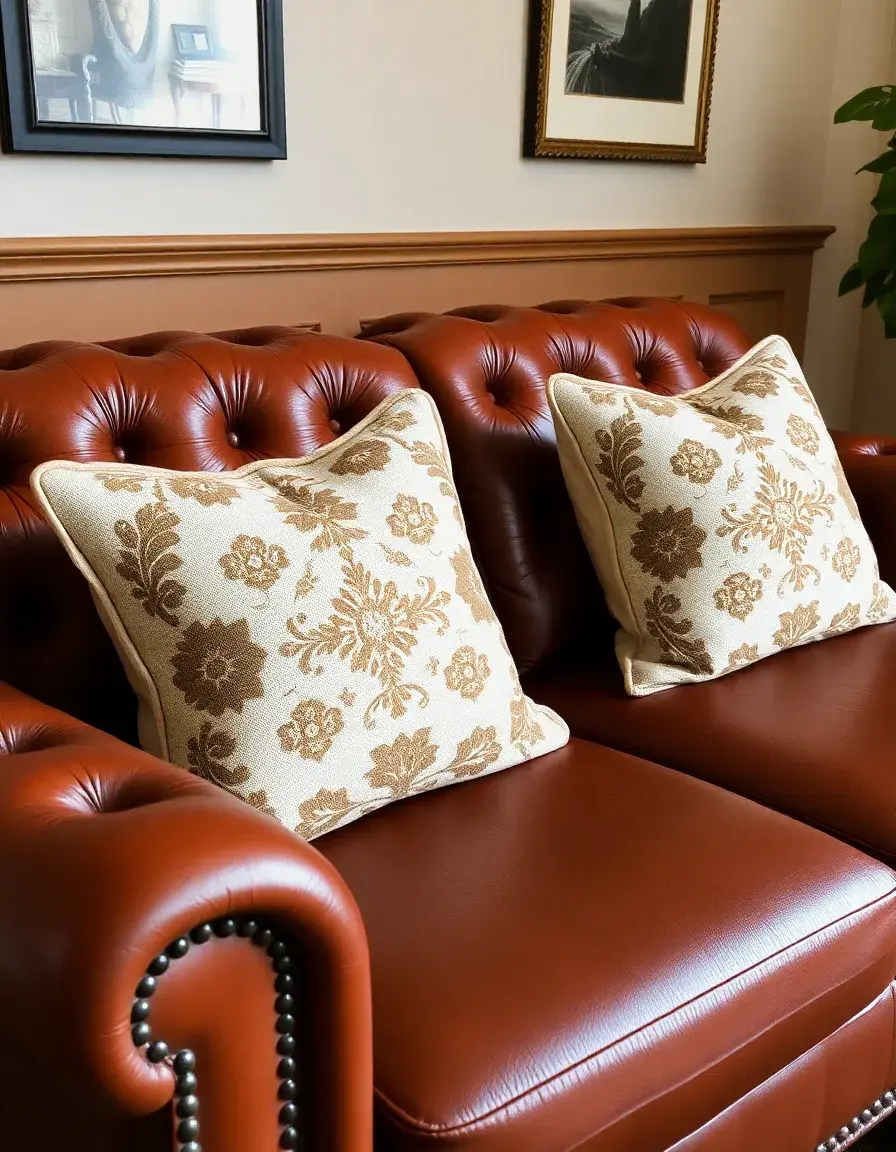Leather couch with decorative pillows