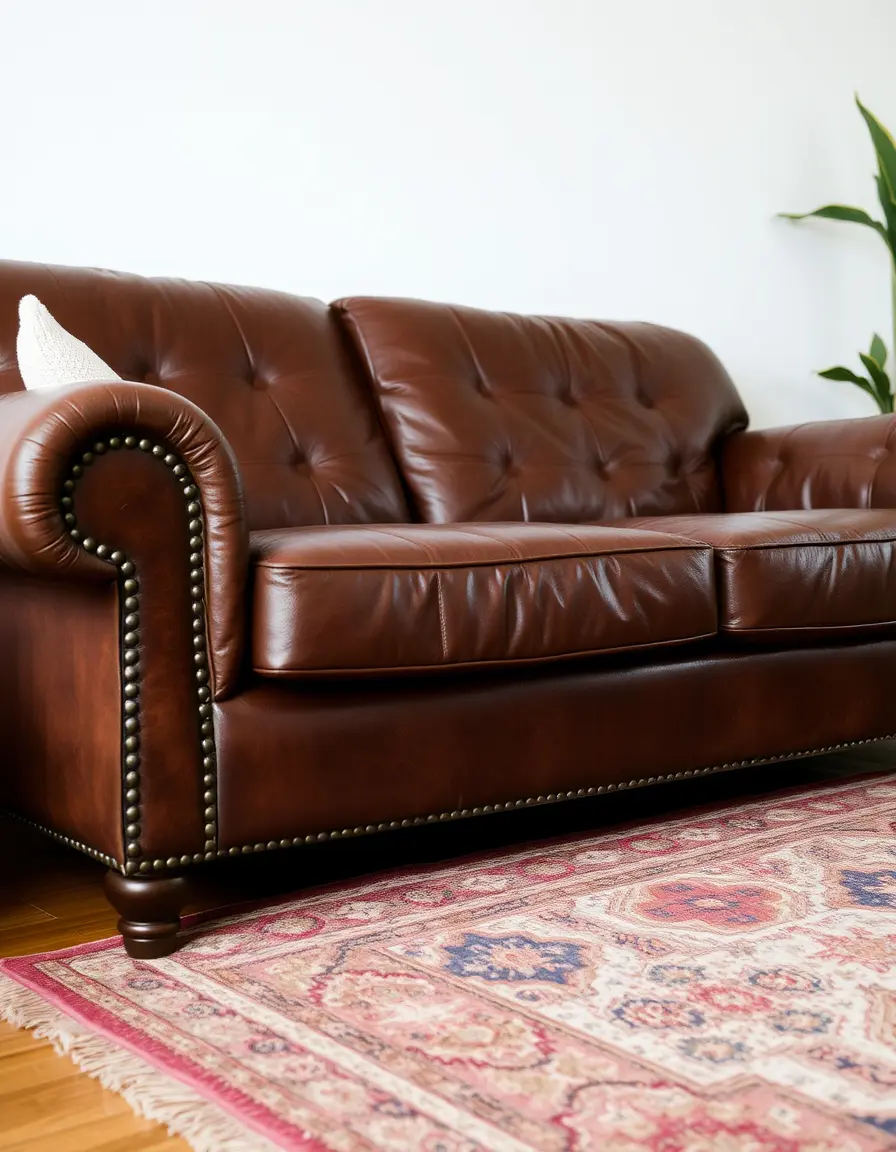 Leather couch on an area rug