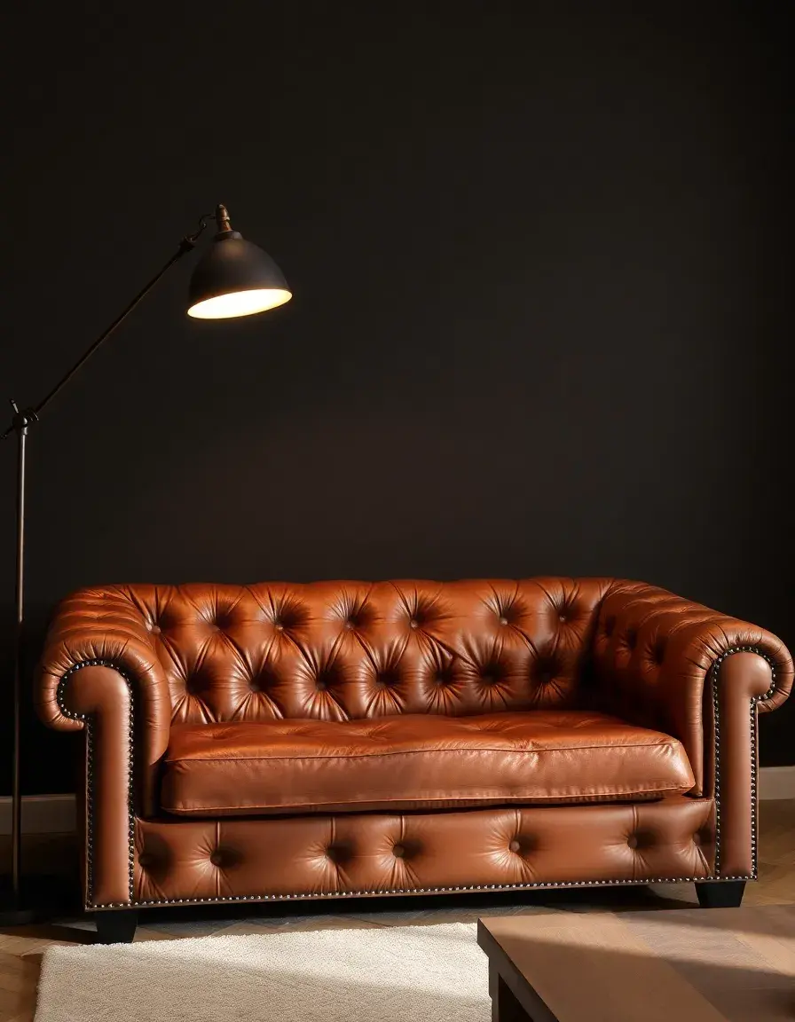 Leather couch with a floor lamp for warm lighting