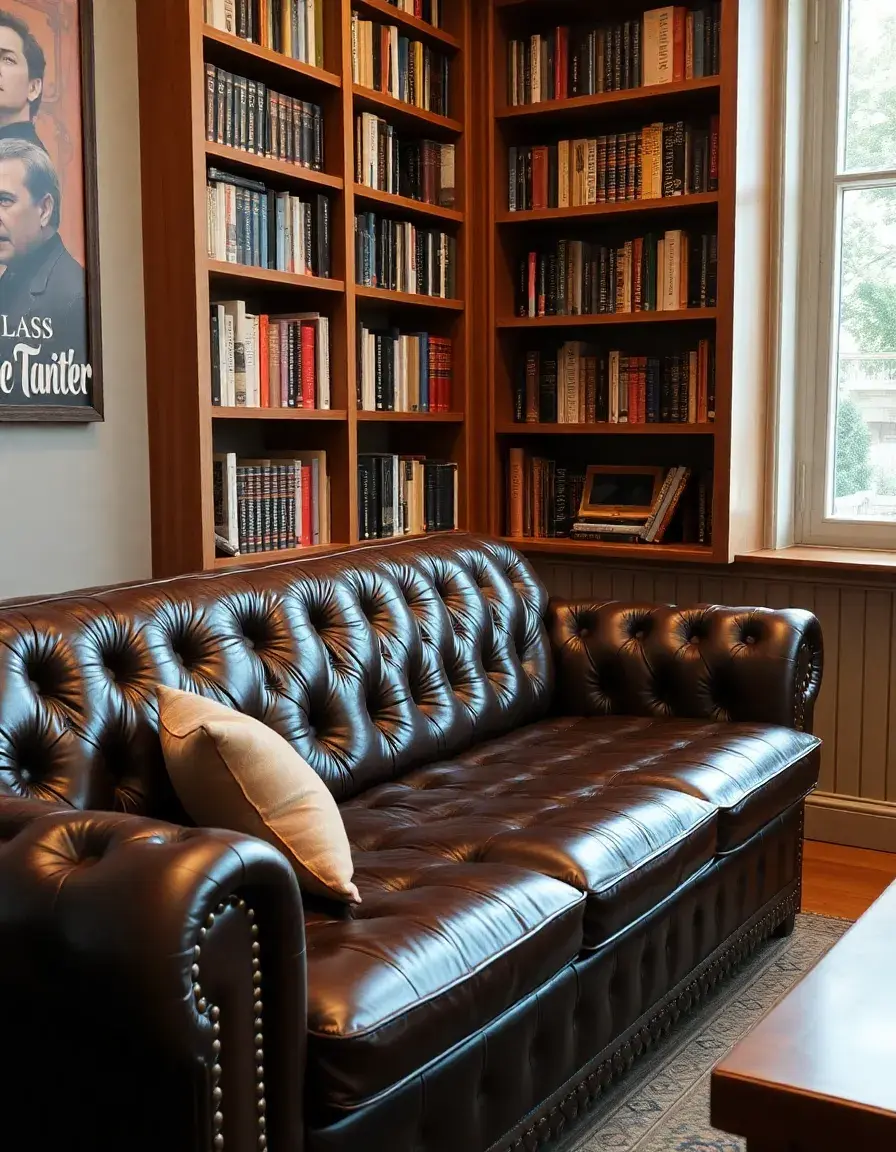 Leather couch near a bookshelf in a study