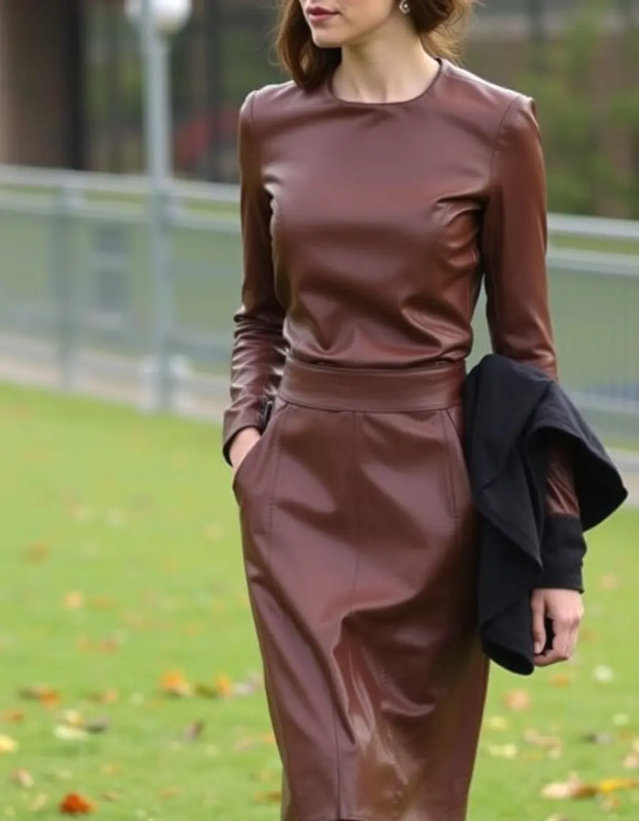 Brown leather midi dress