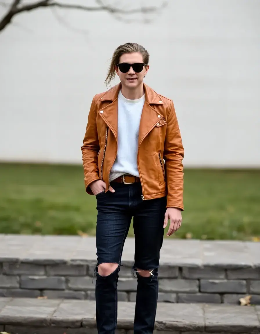 Tan brown leather jacket on display