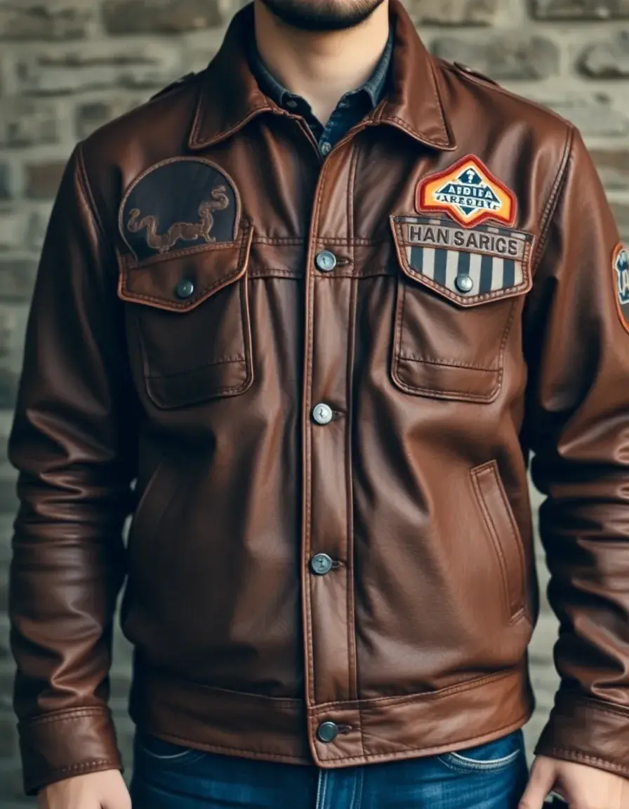 Vintage brown leather jacket with patches showing rugged texture
